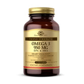Solgar Omega-3 950 mg softgel bottle front supports cardiovascular health and immune function.