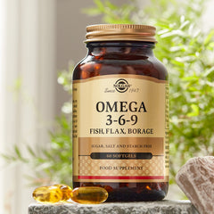 Solgar Omega 3-6-9 softgels label shows non-GMO and gluten-free.