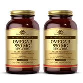 Solgar Omega-3 950 mg bottle front showing triple-strength formula for joint and skin support