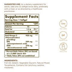 Solgar Omega-3 950 mg softgels close-up highlighting high-purity EPA and DHA