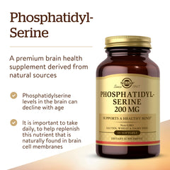 Solgar Phosphatidylserine 200 mg softgels label closeup emphasizes quality.