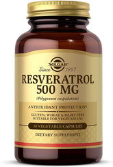 Solgar Resveratrol bottle close-up highlighting antioxidant support.
