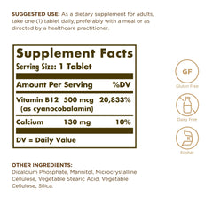 Solgar Vitamin B-12 500mcg label close-up showing dosage.