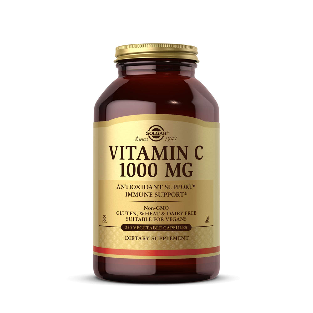 Solgar Vitamin C 1000 mg bottle close-up highlighting immune support potential