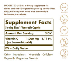 Solgar Vitamin C 1000 mg vegetable capsules in bottle for vegan nutrition