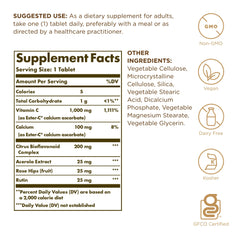 Solgar Vitamin C Ester Plus 1000mg bottle label closeup highlights non-acidic formula.