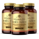 Solgar Vitamin D3 softgels bottle label highlights 10,000 IU for bone support and immune health.