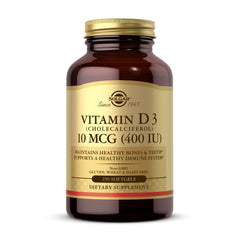 Solgar Vitamin D3 softgels bottle – supports normal calcium absorption for bones.