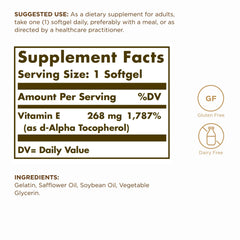 Solgar Vitamin E 268 mg softgels close-up shows natural d-alpha tocopherol