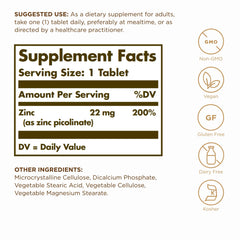 Solgar Zinc Picolinate tablets close-up showing compact, easy-to-swallow form