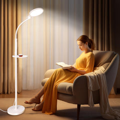 SOLLA light therapy floor lamp front view with adjustable height and handy tray for organized spaces
