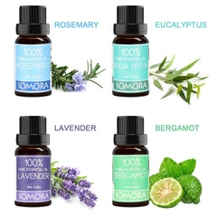 SOMORA essential oils Tea Tree Lemongrass Orange Peppermint four-pack for mood variety.