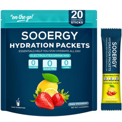 Sooergy Lemon Strawberry electrolyte packets ready to mix for quick hydration.