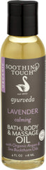 Soothing Touch Ayurveda lavender bath oil bottle close-up for relaxation