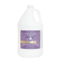 Soothing Touch Herbal Lavender Lotion bottle highlights a light, silky texture for quick absorption and smooth skin
