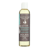 Soothing Touch Muscle Comfort bath oil bottle for soothing relaxation and skin softness.
