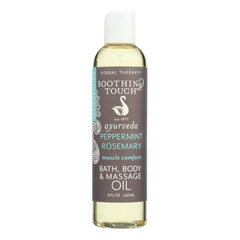 Soothing Touch Muscle Comfort bath oil bottle for soothing relaxation and skin softness.