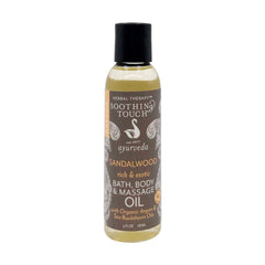 Soothing Touch sandalwood bath oil bottle for a relaxing ritual.