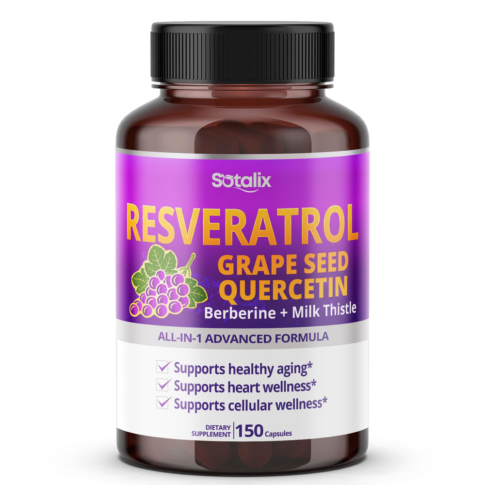 Sotalix Resveratrol bottle highlights daily supplement for longevity and cellular wellness.
