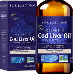 SOULSATION Icelandic Cod Liver Oil Lemon bottle, a sustainable omega-3 source for daily wellness.