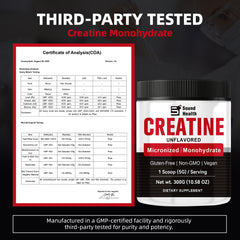 Sound Health Organic creatina-monohidratada-pura, mezcla rápida en agua sin grumos