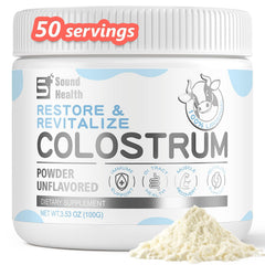 Sound Health Colostrum powder bottle supports gut health and immune balance.