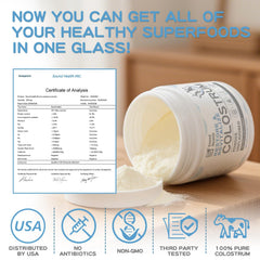 Sound Health Colostrum powder stirred into water shows simple use.