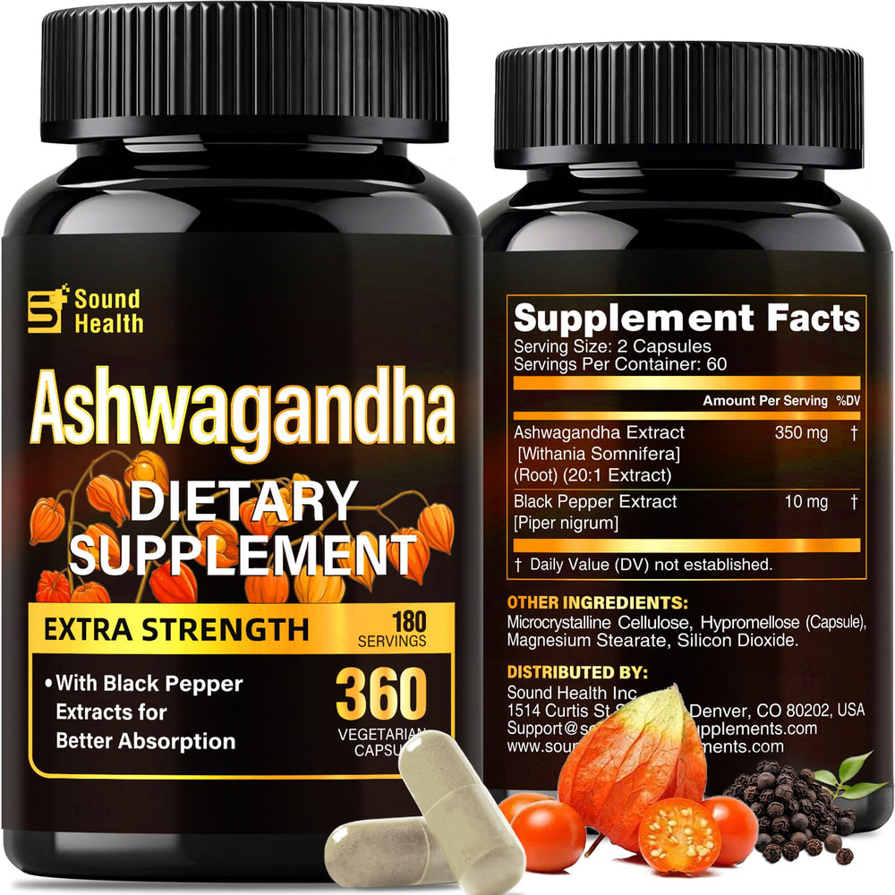 SoundHealth Ashwagandha capsules bottle with a 360-count supply for daily wellness.