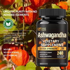 SoundHealth Ashwagandha packaging design highlighting gluten-free and non-GMO