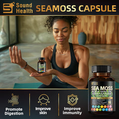 SoundHealth sea moss capsules packaging features a mineral-rich blend with bladderwrack.