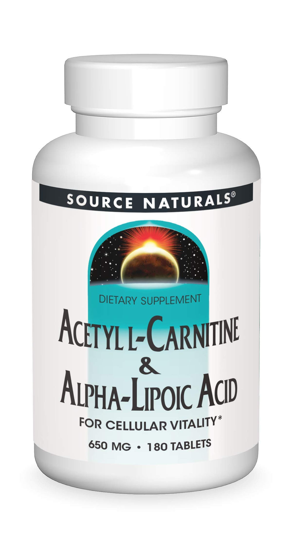 Source Naturals Acetyl L-Carnitine & Alpha-Lipoic Acid 650mg bottle for daily metabolic support.