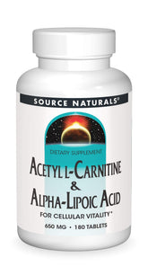 Source Naturals Acetyl L-Carnitine & Alpha-Lipoic Acid 650mg bottle for daily metabolic support.