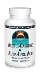 Source Naturals Acetyl L-Carnitine & Alpha-Lipoic Acid 650mg bottle for daily metabolic support.