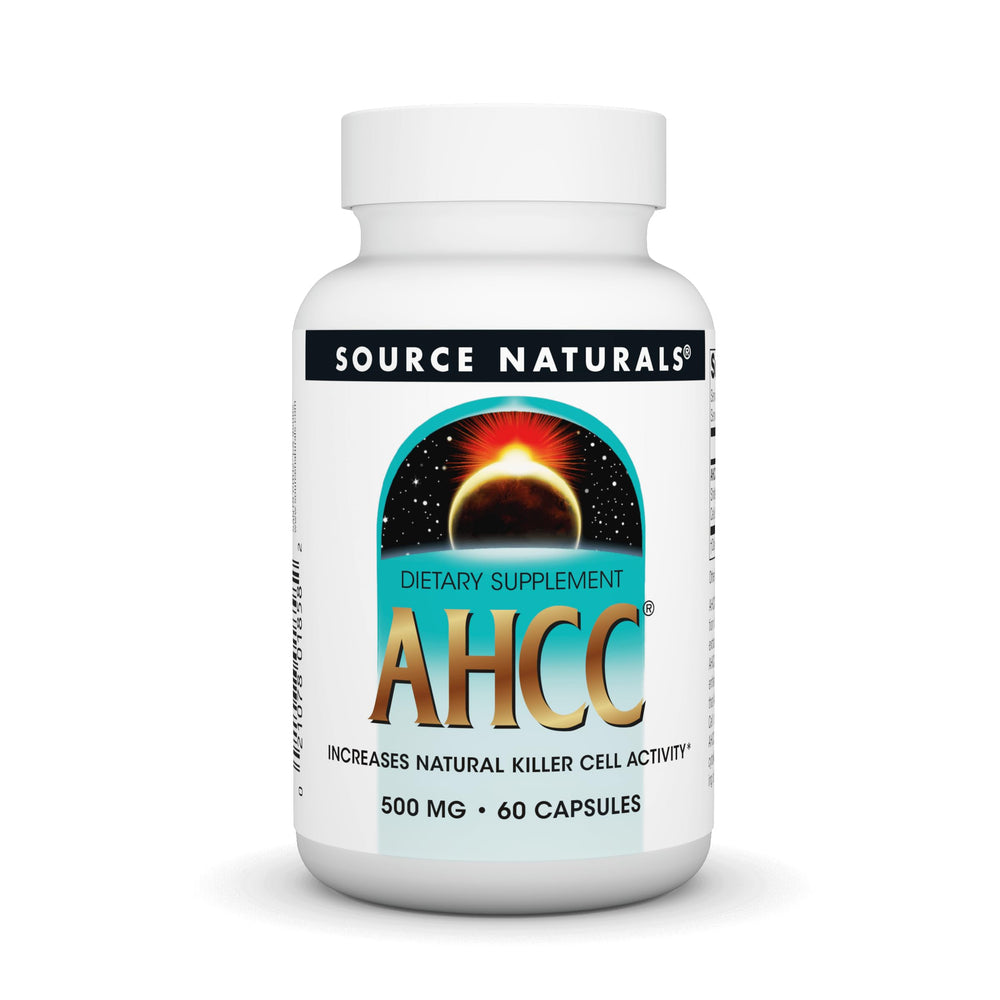 Source Naturals AHCC bottle front promotes daily wellness.