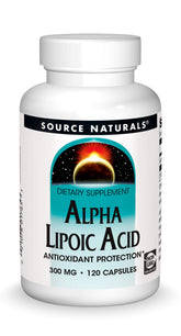 Source Naturals Alpha Lipoic Acid 300 mg bottle on desk, supports energy generation and metabolic balance.