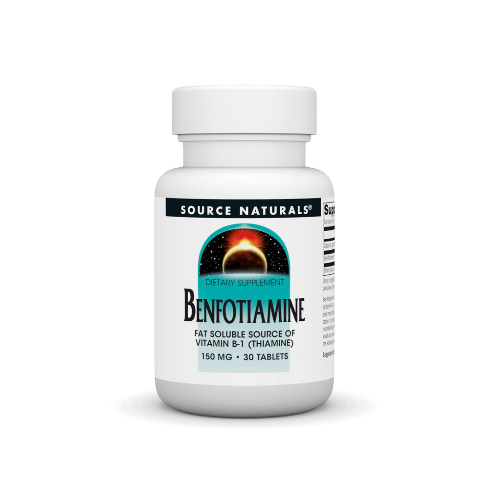 Source Naturals Benfotiamine bottle front displaying fat-soluble vitamin B-1.