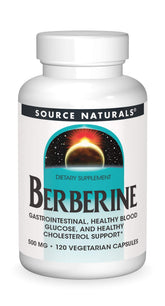 Source Naturals Berberine bottle shows 500 mg dosage for gastrointestinal support.