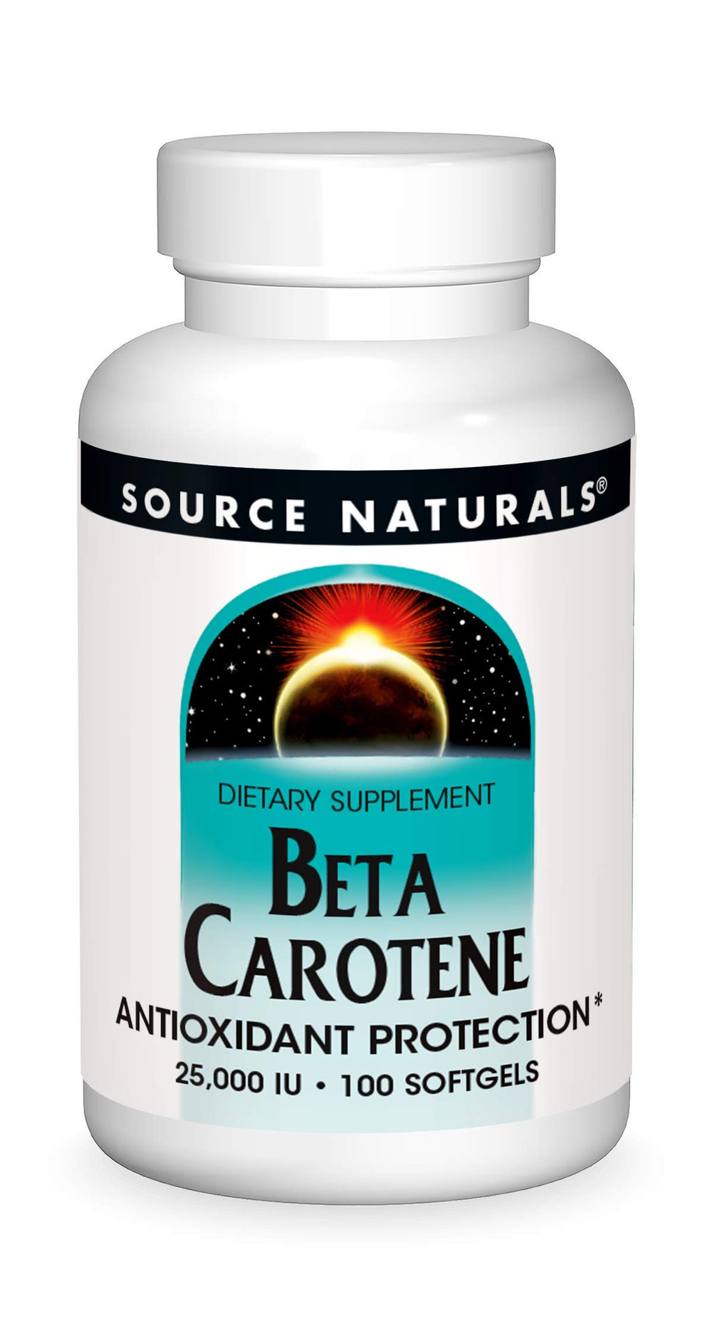 Source Naturals Beta Carotene 25,000 IU bottle with softgels for daily antioxidant support.