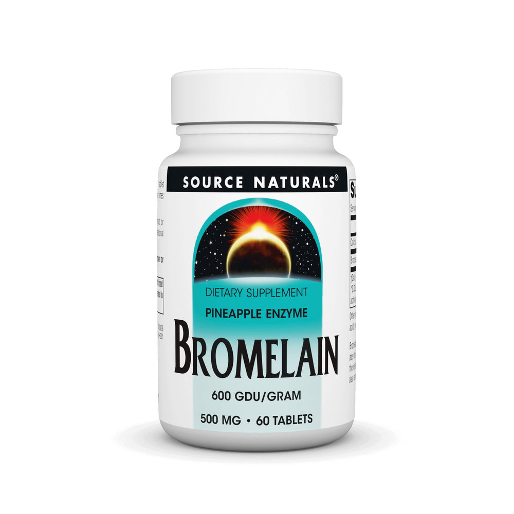 Source Naturals Bromelain 500mg bottle, highlighting convenient proteolytic enzyme supplement.