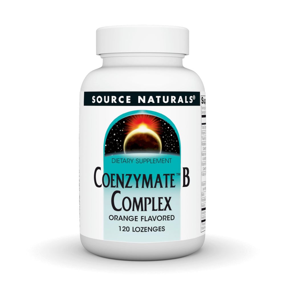 Source Naturals Coenzymate B Complex orange lozenges bottle on shelf for daily energy support.