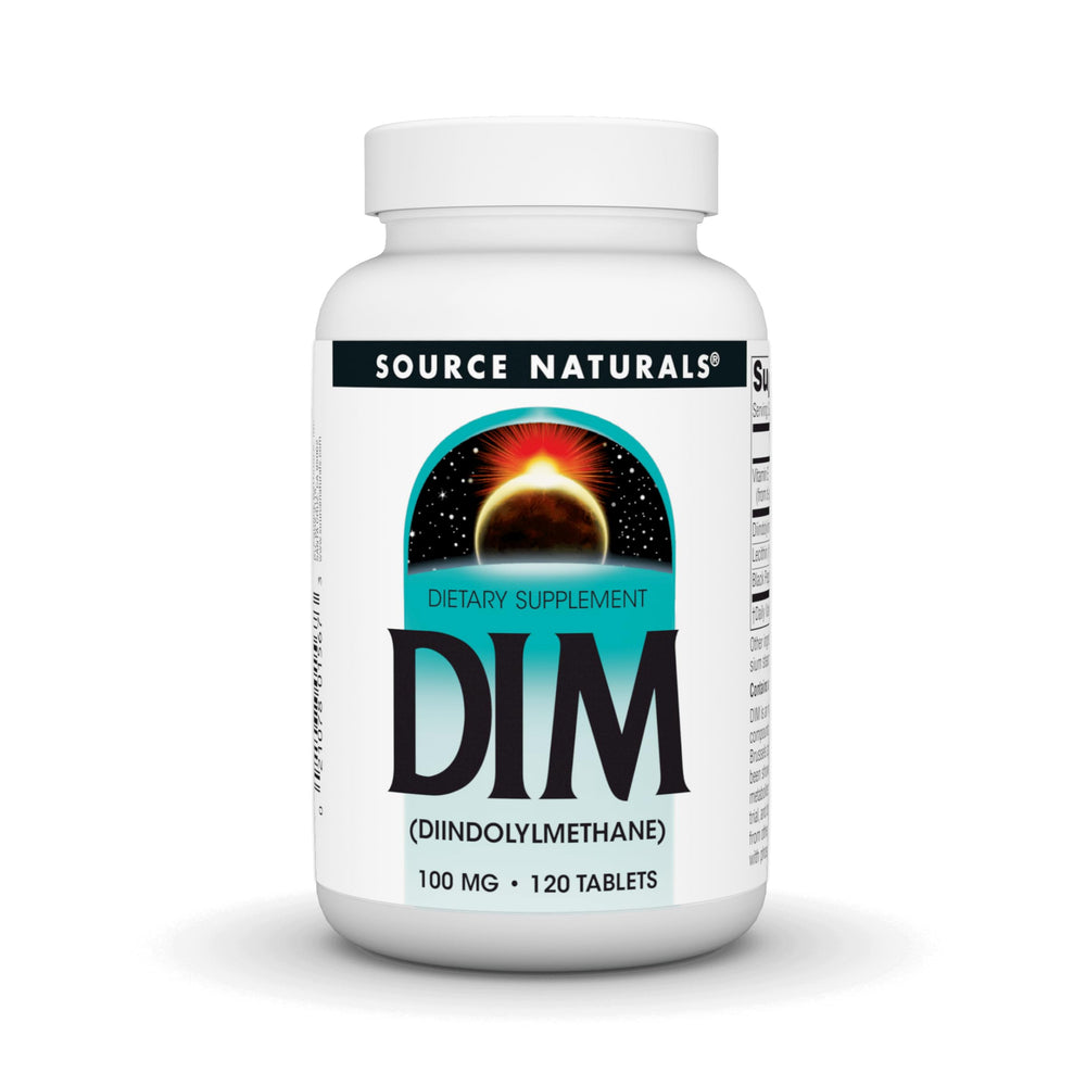 Source Naturals DIM bottle showing vegetarian friendly daily tablet formula.