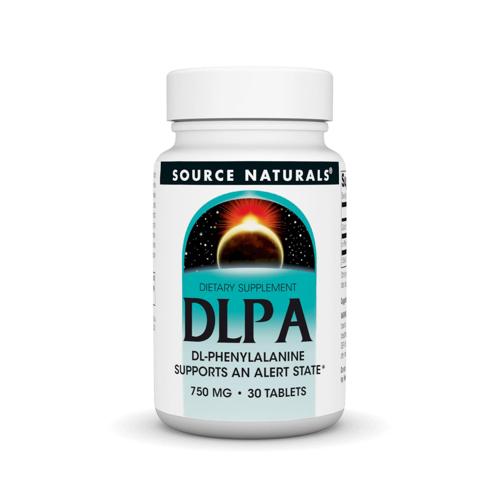 Source Naturals DLPA: caja del producto con fenilalanina en presentación de 750 mg.