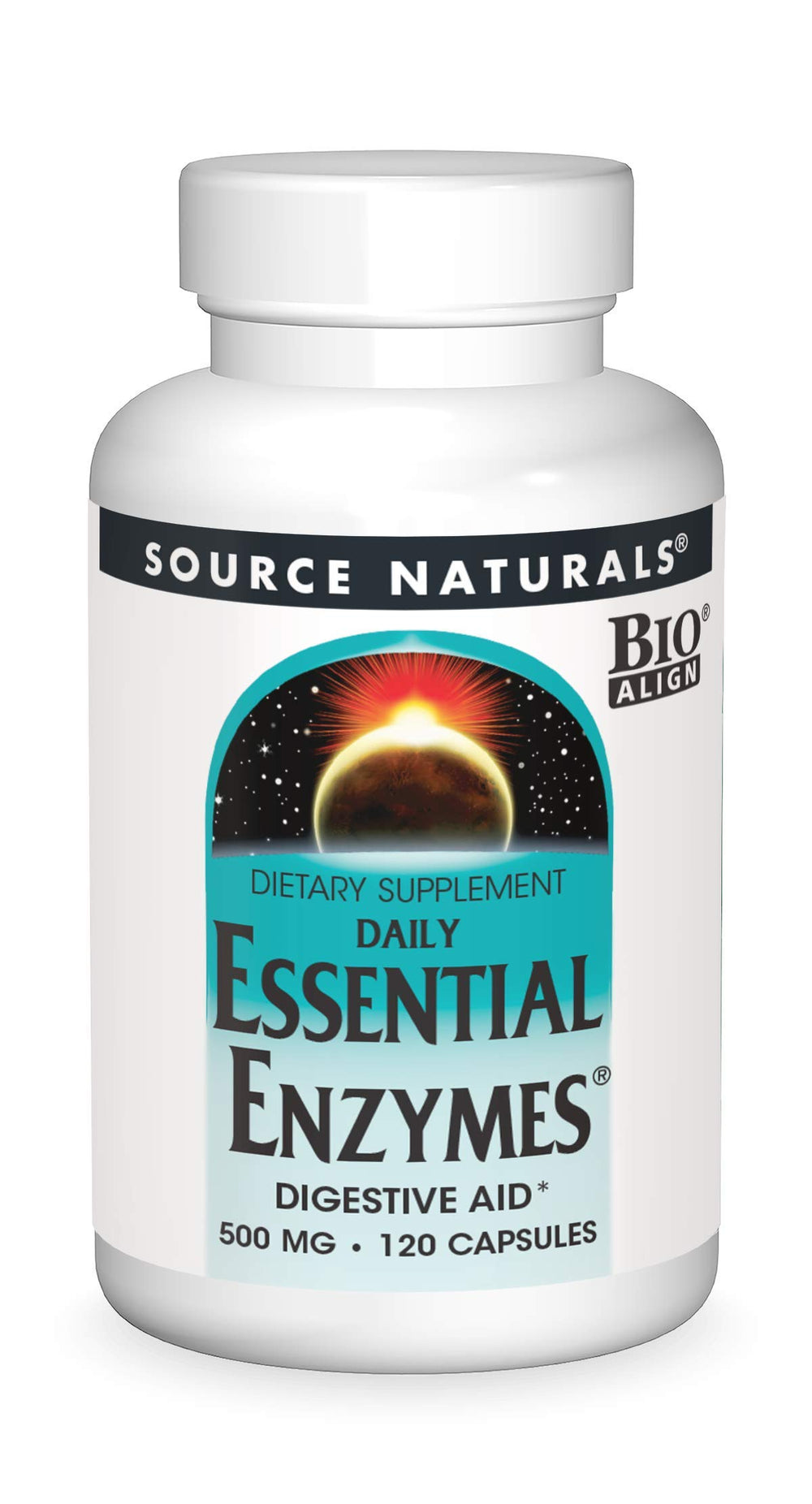 Source Naturals Essential Enzymes 500mg bottle front view for digestion support.