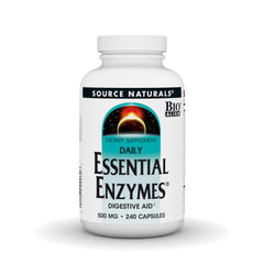 Source Naturals Essential Enzymes bottle pour showing digestive support potential.