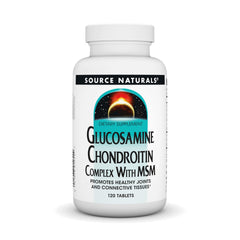 Source Naturals Glucosamine Chondroitin Complex with MSM tablets in bottle for joint support.