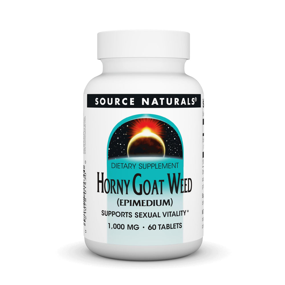 Source Naturals Horny Goat Weed bottle on counter suggests daily vitality.