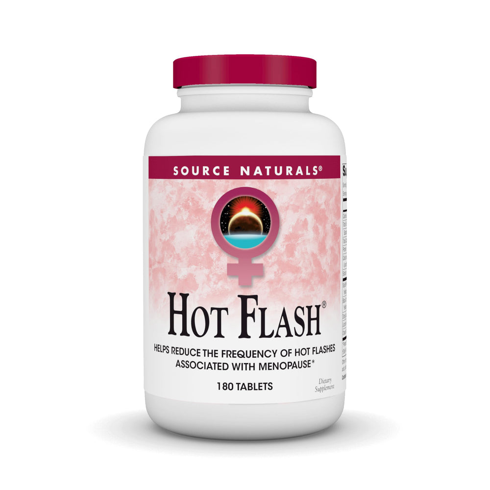 Source Naturals Hot Flash bottle front showing non-GMO soy formula for menopause support