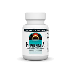 Source Naturals Huperzine A tablets bottle front, potential aid for learning and memory