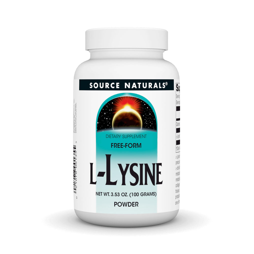 Source Naturals L-Lysine Free Form Powder bottle promotes collagen formation and energy metabolism.