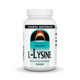 Source Naturals L-Lysine Free Form Powder bottle promotes collagen formation and energy metabolism.